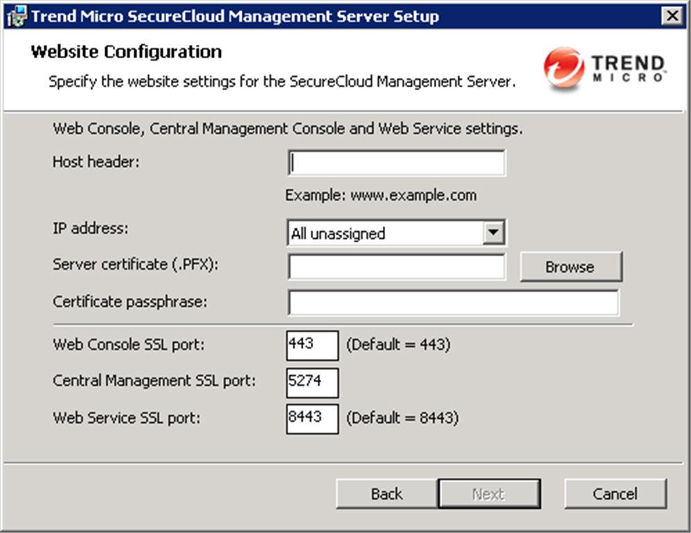 Installing Key Management Server On-Premises OPTION Host header IP address Server certificate (.