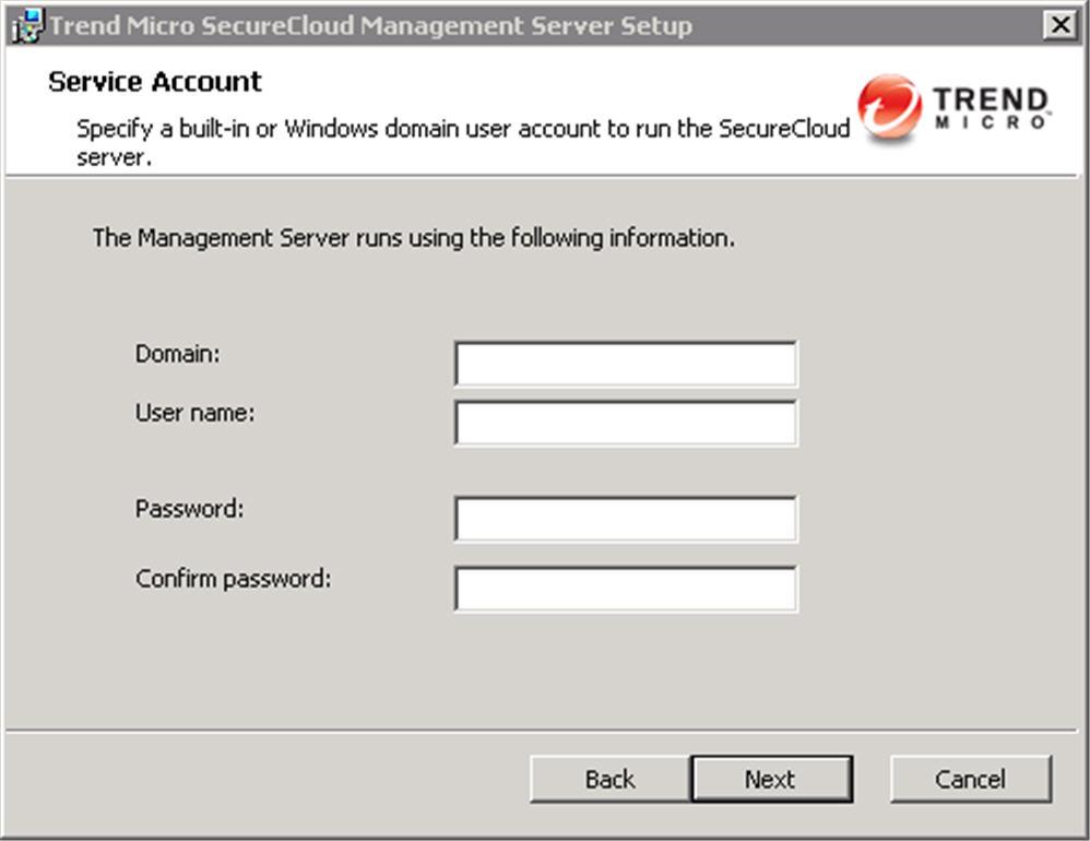 SecureCloud 3.7 Installation Guide Setup requires a Windows account (local or domain user) to run SecureCloud services. If you created new user, the information you specify here is for that user.