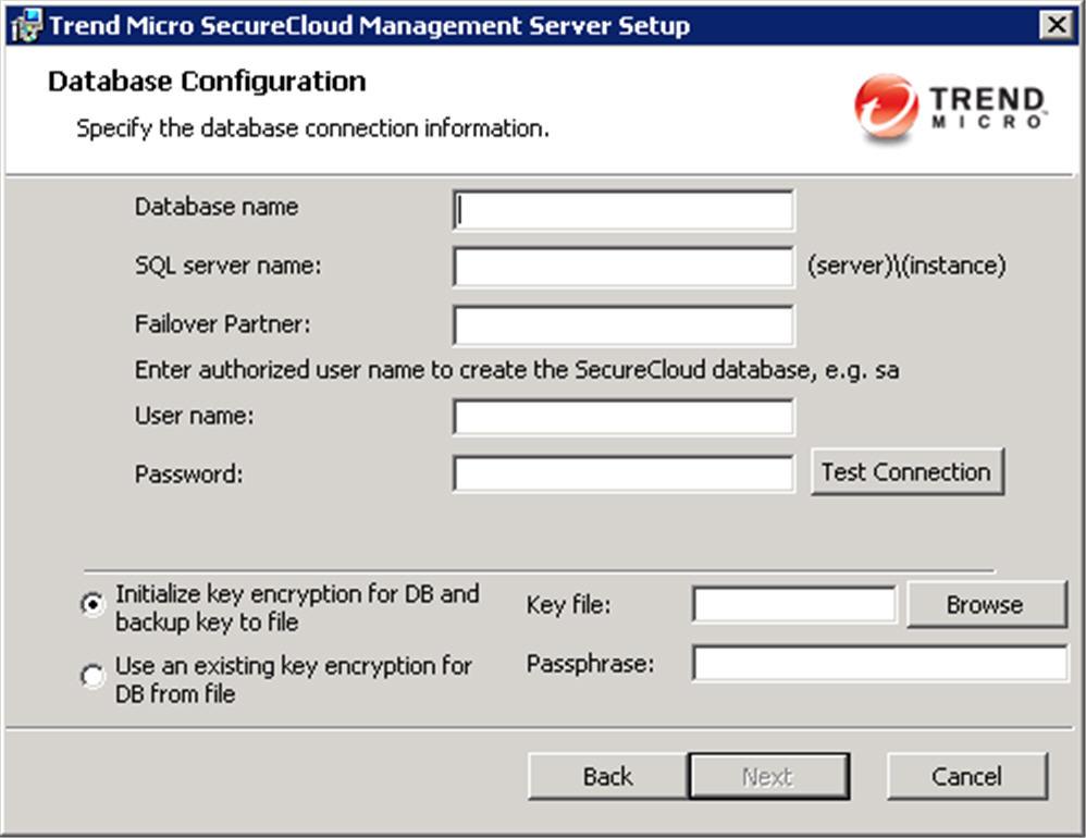 Installing Key Management Server On-Premises OPTION Database name SQL Server name DESCRIPTION Type the SecureCloud database name.