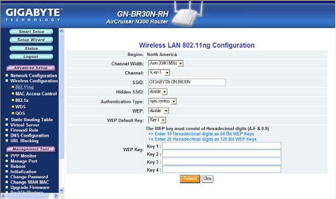 The Wireless Configuration Screen The Wireless Configuration screen allows you to configure the Router s WLAN function. The 802.11ng Tab Region Indicates the geographical region you are in.