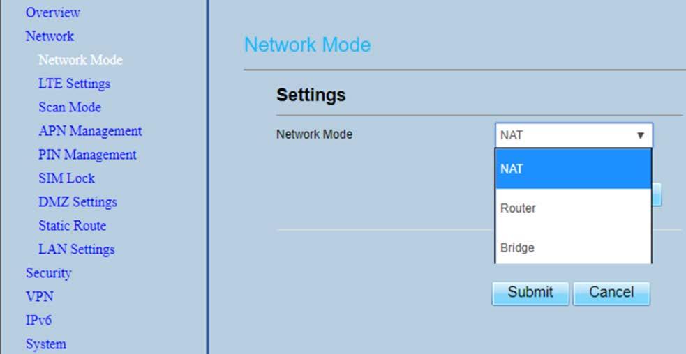 5.2 Configure Network Mode 1. Choose Network > Network Mode. Choose either Network Address Translation (NAT), Router, or Bridge mode (Figure 5-3) according to your LTE network setup.