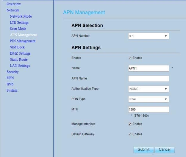 5.5 Configure APN Management Under Network > APN Management, you will configure up to 4 base stations with which this CPE may connect. APN is an acronym for Access Point Name.