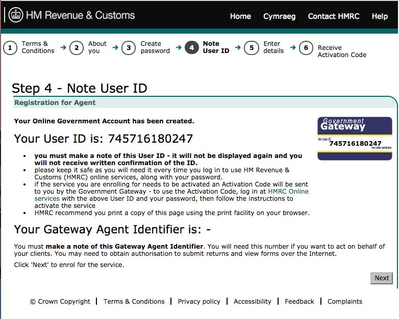 HMRC portal produces a new Government Gateway Agent Account, giving the user