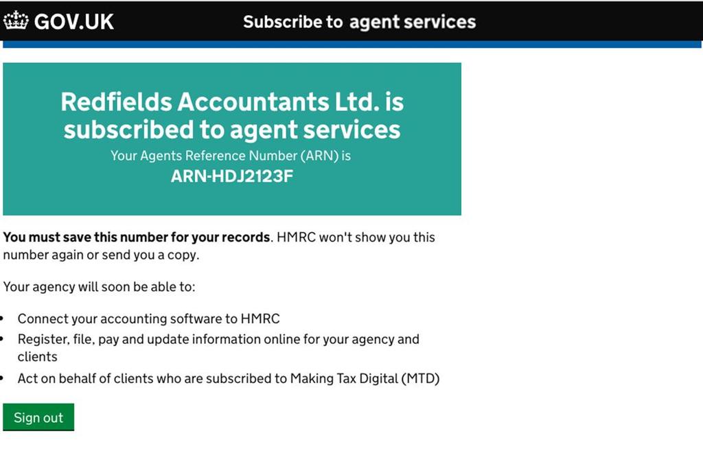 User has successfully set up their Agent Services Account and given a new unique reference number called the agents