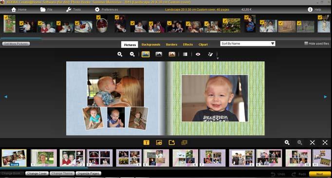 Creating a photo book Customization tools Change Book Change Cover Change Theme Organize Pages Insert New Page Add rectangle Add picture frame Add/edit caption The bottom toolbar has the following