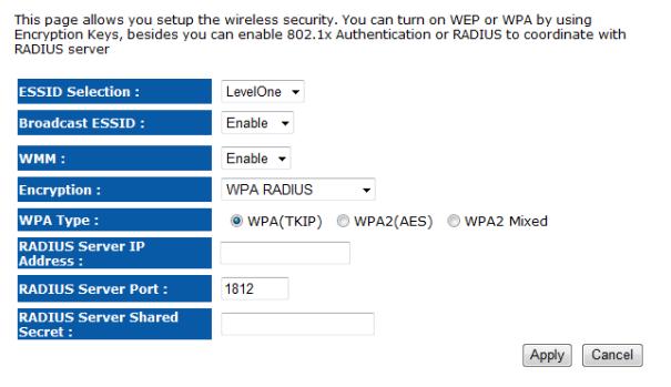 Encryption: WPA RADIUS ESSID Selection: As this device supports multiple SSIDs, it is possible to configure a different security mode for each SSID (profile). Select an SSID from the drop-down list.