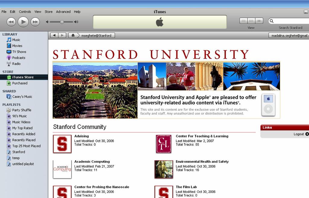 Using Stanford Community itunes Stanford s itunes Community partnership provides a great place for sharing and presenting Stanford community course materials, including talks, movies, and other