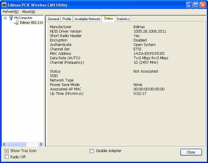 2-4-2 Status If you want to know the status of your wireless network card, click Status menu: