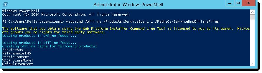 6. Verify that PowerShell displays information about the products that are cached and processed, and the feeds being built.