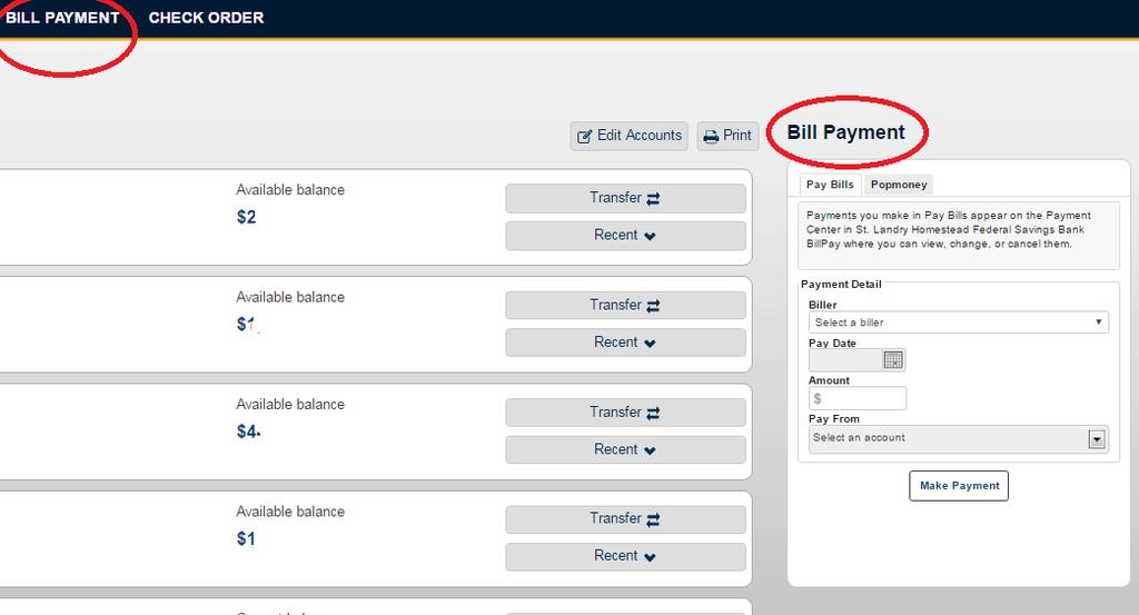 Bill Payment Updates The bill payment solution section appears to the right of the Home page and into the primary navigation area.