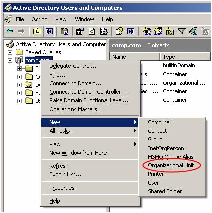 1. Start the Active Directory Users and Computers MMC snap-in ( Start > Programs > Administrative Tools > Active Directory Users and Computers ).