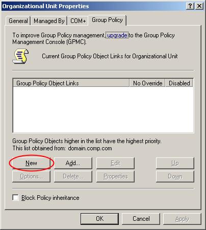 2. Open the Group Policy tab and click New to create a new group policy object for the organizational unit. 3.