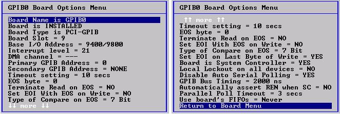 The menu for the selected GPIB board appears. The GPIB0 Menu is shown here. Use the up and down arrow keys to highlight your selection and press [Enter]. To cancel a selection, press [Esc].