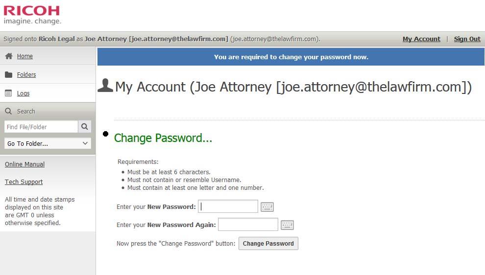 Enter a new password, confirm the new password, and then click Change Password. Upon success, a confirmation banner will display indicating the successful password change.