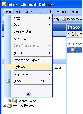 Archiving Exercise 1: Creating Archive Files 1. On the menu bar, click File and then click Archive. The Archive dialog box will open. 2. Select Inbox from the folder list displayed. 3.