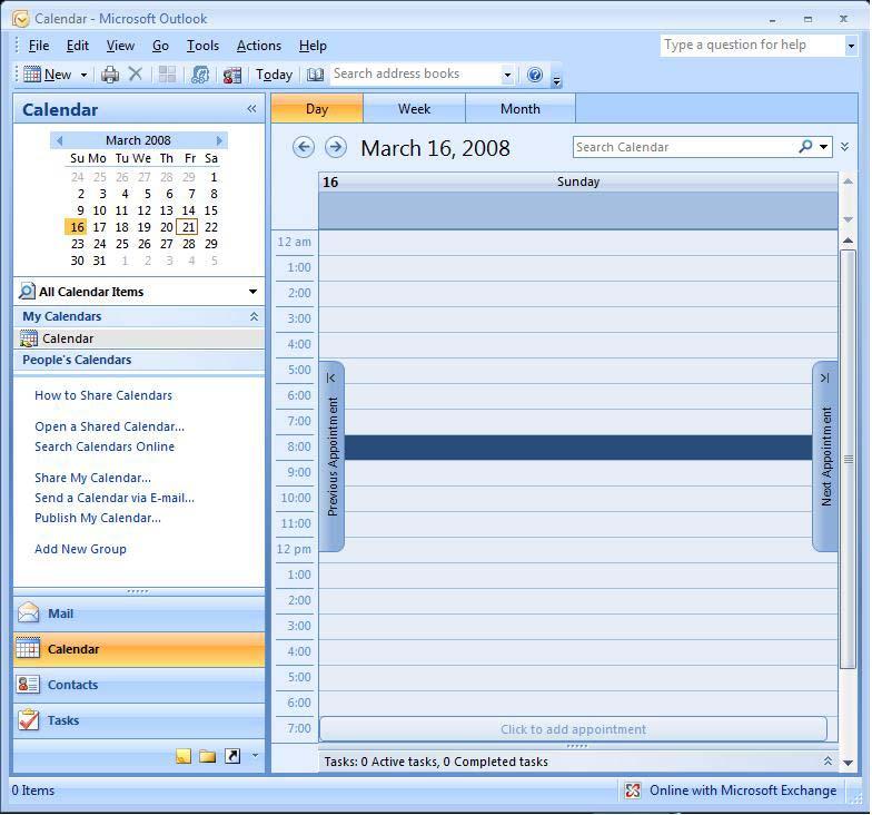 Calendars Exercise 1: Viewing the Calendar 1. Click Calendar in the Navigation Pane. 2. The first time you open the calendar the Day view will be displayed in the Display Pane.