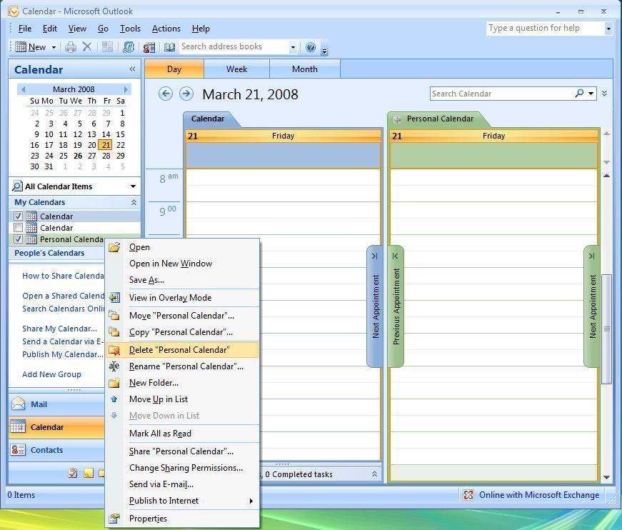 Free/Busy Search via Group Calendars Exercise 13: Creating a View Group Schedule 1. Click Calendar in the Navigation Pane. 2. On the menu bar, click Actions.