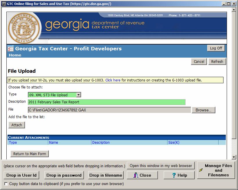 10. Now you will attach the file created in the SAXTAX Program. First, please select the type of file from the first dropdown menu. The Georgia Sales Tax return is number 9. XML ST3 File Upload.