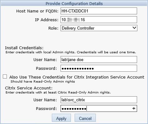 5. Click the Add button on the right-hand side and complete the requested information for the Delivery Controller: Enter the Hostname of one of your delivery controllers and then the IP address Click