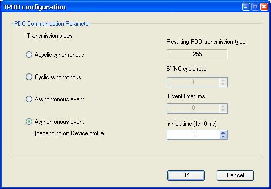 The [TPDO configuration] dialog box will appear. * Asynchronous event A PDO is received immediately when an event occurs regardless of the SYNC signal. For 254, this is defined by the manufacturer.