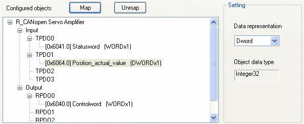 3) Click [Map], and [0x6064.0] Position_actual_value will be appended under TPDO1. 4) Set the [Data representation] in the [Setting] area to Dword.
