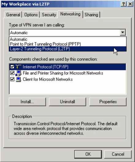 Figure 3-93. L2TP Connection Properties Window, Networking Tab Step 11. Click the Security tab to customize the security protocols.