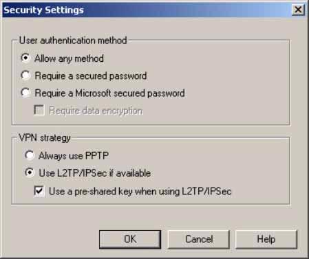 The Security Settings window appears. Select Use L2TP/IPSec if available and then select the Use a pre-shared key when using L2TP/IPSec option.