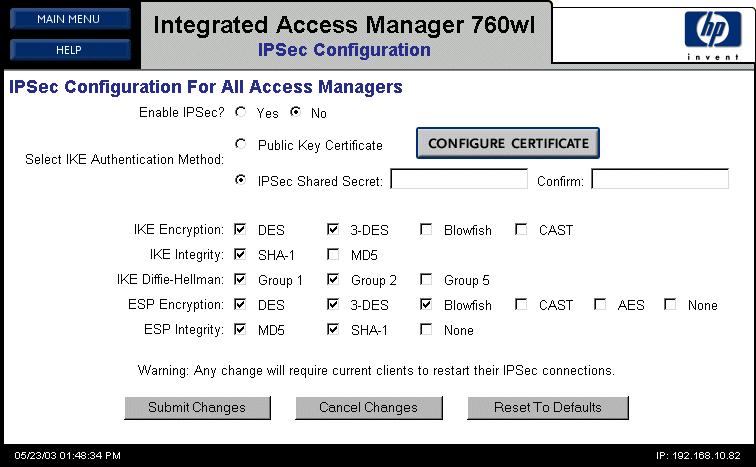 Configuring Security on the 700wl Series Figure 2-7. IPSec Configuration page Step 4. Select Yes to enable IPSec. Step 5.
