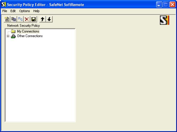 Figure 3-1. Security Policy Editor SafeNet Remote Window Step 2. Click Options to display the Options menu. Select Secure and then select All Connections.