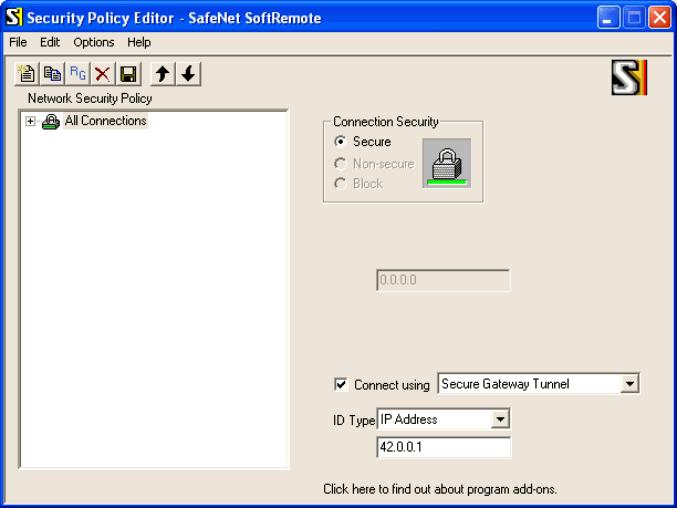 Figure 3-2. Security Policy Editor SafeNet Remote Window, Connection Security Panel Step 3. Click to select the Connect using checkbox and make sure that Secure Gateway Tunnel is selected.