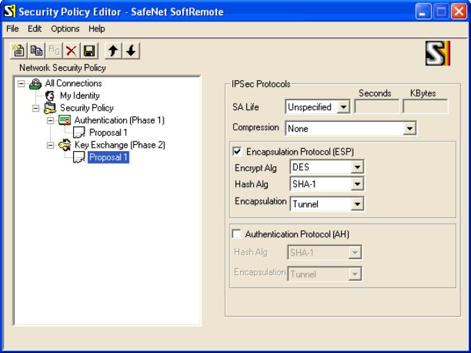 Figure 3-6. Security Policy Editor SafeNet Remote Window, IPSec Protocols Panel If a different encapsulation protocol is used, you must modify the settings on the 700wl Series unit accordingly.