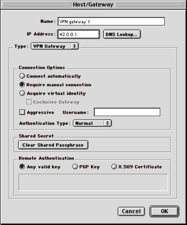 Figure 3-25. Host/Gateway Window Based on the above settings a new entry named VPN gateway 1, appears in the PGPnet panel.