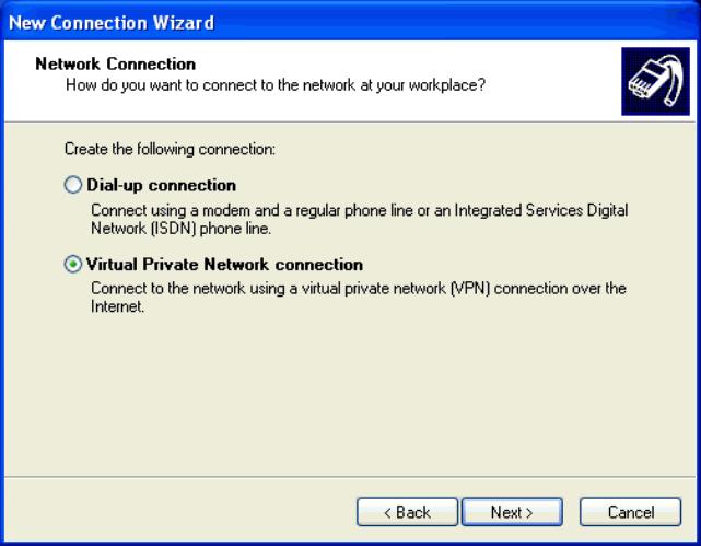 Figure 3-33. Network Connection Type Window Step 5. Select the Virtual Private Network connection option. Click Next>.