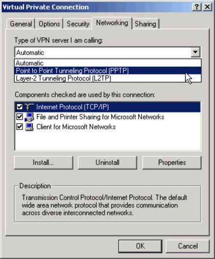 Figure 3-51. Virtual Private Connection Window, General Tab Step 9. Click the Networking tab to specify the type of VPN. Next, pull down the Type of VPN menu and select PPTP.