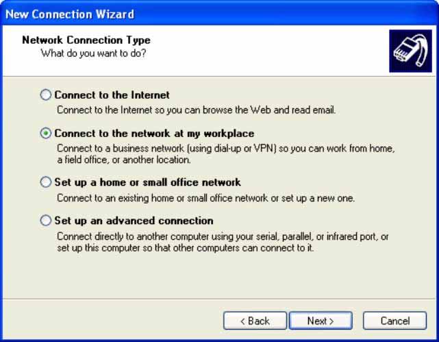 Figure 3-73. Network Connection Type Window Step 5. Select the Virtual Private Network connection option. Click Next>. Figure 3-74.