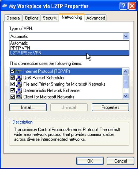 Figure 3-79. L2TP Properties Window, Networking Tab Step 11. Click the Security tab to customize the security protocols. Select Advanced (custom settings) and then click the Settings button.