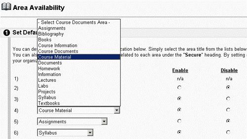 Make sure at least one Content Area in enabled. You can choose one of the labels in the drop down menu - throughout this module we will refer to is as Course Material.
