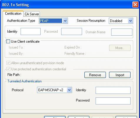 802.1x Setting/Certification Authentication Type: The EAP authentication protocols supported by this adapter require that settings be consistent with the wireless access points or routers that the