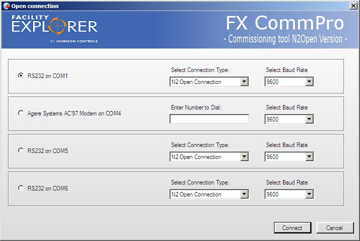 10 FX Tools Software Package FX CommPro N2 User s Guide Figure 9: Open Connection Window 3. Select the appropriate communication port, connection type, and baud rate. 4. Click Connect.