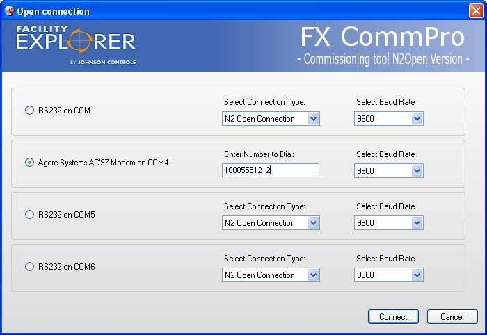 22 FX Tools Software Package FX CommPro N2 User s Guide Connecting to Devices Using a Modem Connection To connect to a device using a modem connection: 1.
