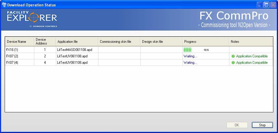 28 FX Tools Software Package FX CommPro N2 User s Guide Click to sort on the device address. Select the application (.apd) file for each controller. Figure 37: Download Operation Status Window 3.