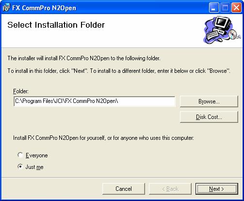 To install FX CommPro N2 in a directory other than the default directory shown in the Destination Folder box, click Browse and select a
