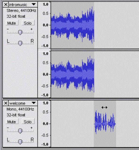 The Time Shift Tool So far, you have your welcome message and your theme music in Audacity. At the moment, however, they both start at the beginning.
