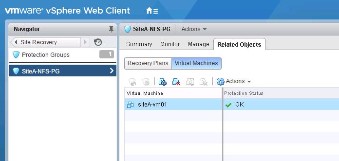 19. Click Recovery Plans. 18 19 Figure 3-18: 20. Highlight SiteA-NFS-PG.