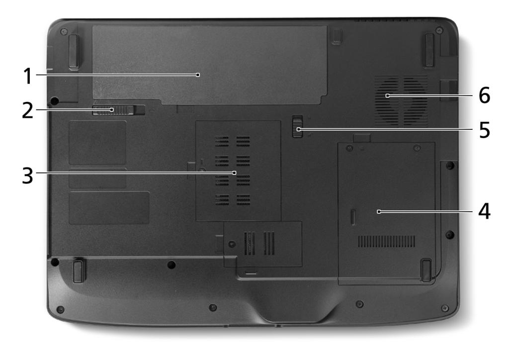 9 Base view # Icon Item Description 1 Battery bay Houses the computer's battery pack. 2 Battery release latch Releases the battery for removal. 3 Memory compartment Houses the computer's main memory.