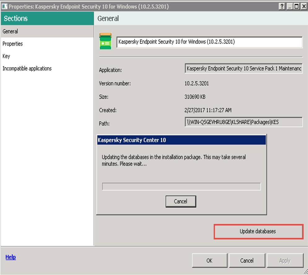 chỉnh các component sẽ được cài đặt Cập nhật cơ sở dữ liệu cho gói cài đặt bằng cách click chuột phải Kaspersky Endpoint Security 10 for Windows chọn Update databases.
