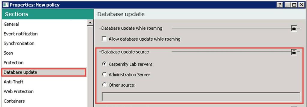 Chọn các tùy chọn cho việc cập nhật cơ sở dữ liệu cho Kaspersky trên điện thoại: -Kaspersky Lab servers: cập nhật từ server của Kaspersky
