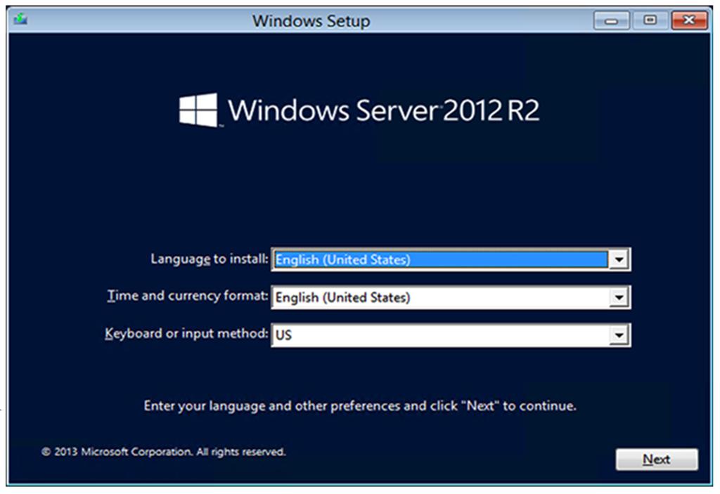 Tip: Depending of the media, Windows Server 2012 may be shown instead of Windows Server 2012 R2 in some windows. 4. Click Install now on the window. 5.