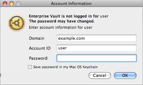 Introducing Symantec Enterprise Vault Viewing and amending your Enterprise Vault login password 11 To enter your login details for Enterprise Vault 1 On the Enterprise Vault Client application menu,