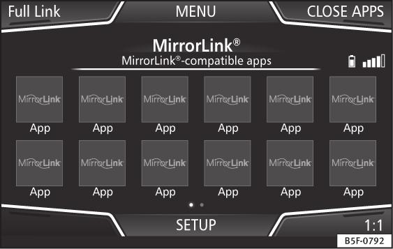Only compatible applications can be used, in accordance with the technology connected. MirrorLink Fig. 65 Function buttons in the general view of compatible applications. Fig. 66 Other MirrorLink function buttons.
